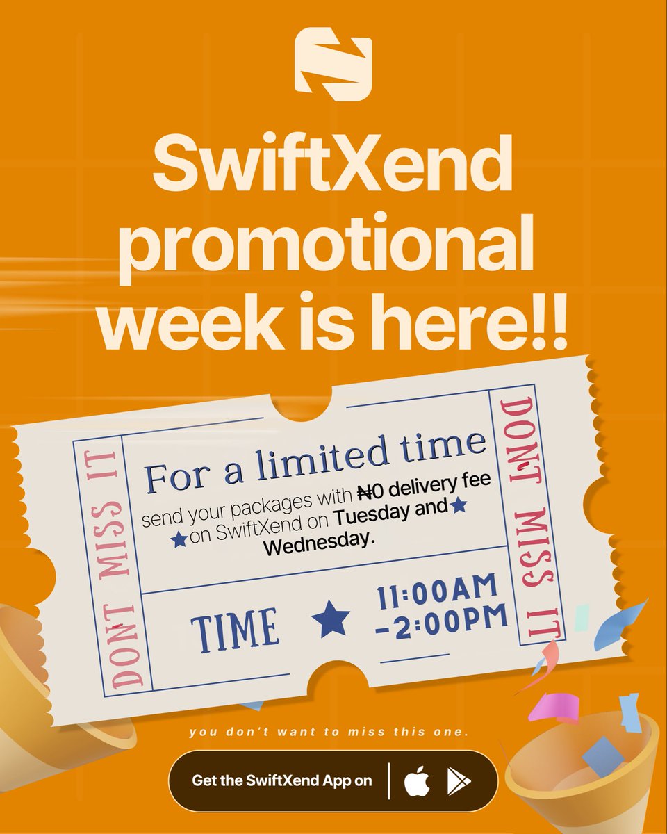 swiftxend's tweet photo. For a limited time, get your packages moving with SwiftXend and enjoy 50% OFF! 🚚📦

Date:14th to 31st of October 
⏰ 11:00am to 2:00pm daily

Don’t miss out on this amazing offer. Ship more and save more with SwiftXend!
#SwiftXend #SwiftXendPromo #BeninCity #DeliveryMadeEasy https://t.co/pdFzRxHaVE