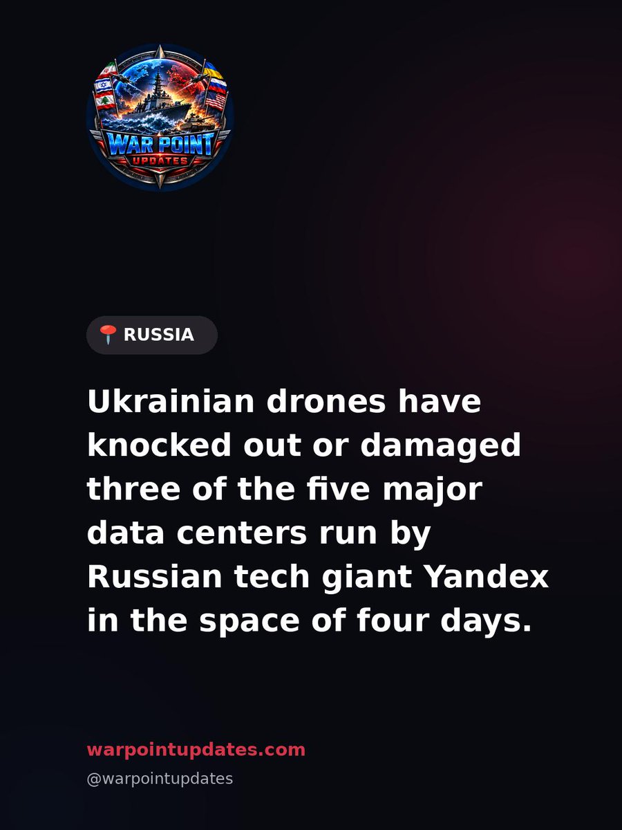 warpointupdates's tweet photo. 🇺🇦🇷🇺 ⚡️ - Ukrainian drones have knocked out or damaged three of the five major data centers run by Russian tech giant Yandex in the space of four days. https://t.co/RtTBChS3xx