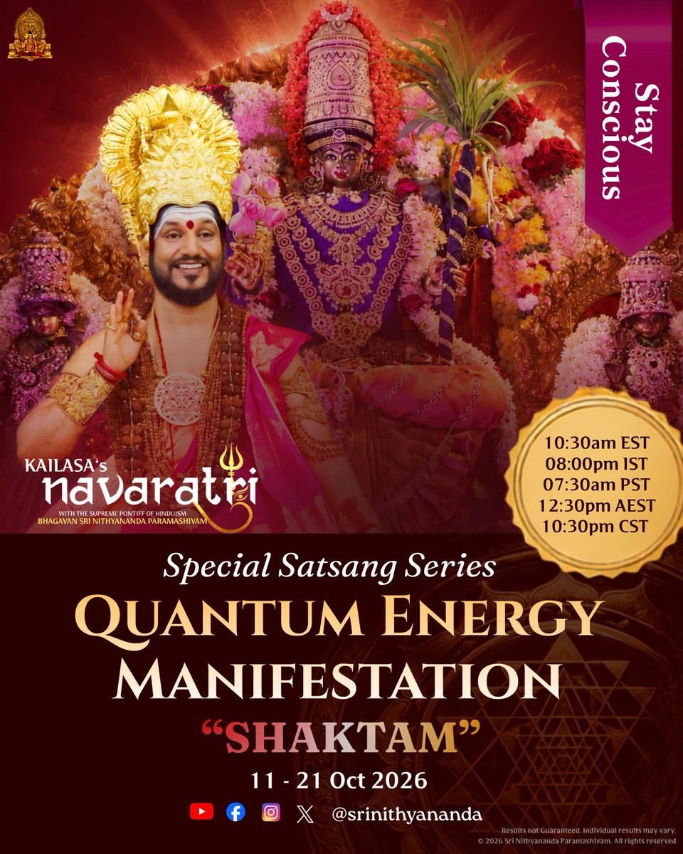 SriNithyananda's tweet photo. 🪷 KAILASA's NAVARATRI 2026 | DAY 3 — CELEBRATING DEVI KAMAKSHI 🪷
🌺 THE DIVINE MOTHER WHO ENDS ALL SEEKING AND AWAKENS ULTIMATE FULFILLMENT!

The Supreme Divine Mother manifests as DEVI KAMAKSHI — MAHA TRIPURA SUNDARI, the sovereign Mother of the three worlds, radiating divine protection, enlightened creation, and the ultimate state of completion!

✨ Devi Kamakshi brought the sacred blueprint of the science of Enlightenment from Mahakailasa to planet Earth, laying the foundation for the temple-based enlightenment ecosystem.

⚜️ Beneath the sacred mango tree at Kanchipuram, She received the Kamika Agama directly from Paramashiva — the divine revelation of the sacred science of temple-based enlightenment.

🌺 Her grace is the ultimate fulfillment beyond all restless seeking — awakening the experience that nothing is missing and nothing more needs to be chased!

🔱 SPECIAL SATSANG: QUANTUM ENERGY MANIFESTATION (SHAKTAM)

📅 October 11–21, 2026

🪔 8 PM IST | 10:30 AM ET

🙏 Celebrate Devi Kamakshi. Complete All Seeking. Awaken Ultimate Fulfillment!

#Navaratri2026 #DeviKamakshi #QuantumManifestation #Shaktam #Nithyananda