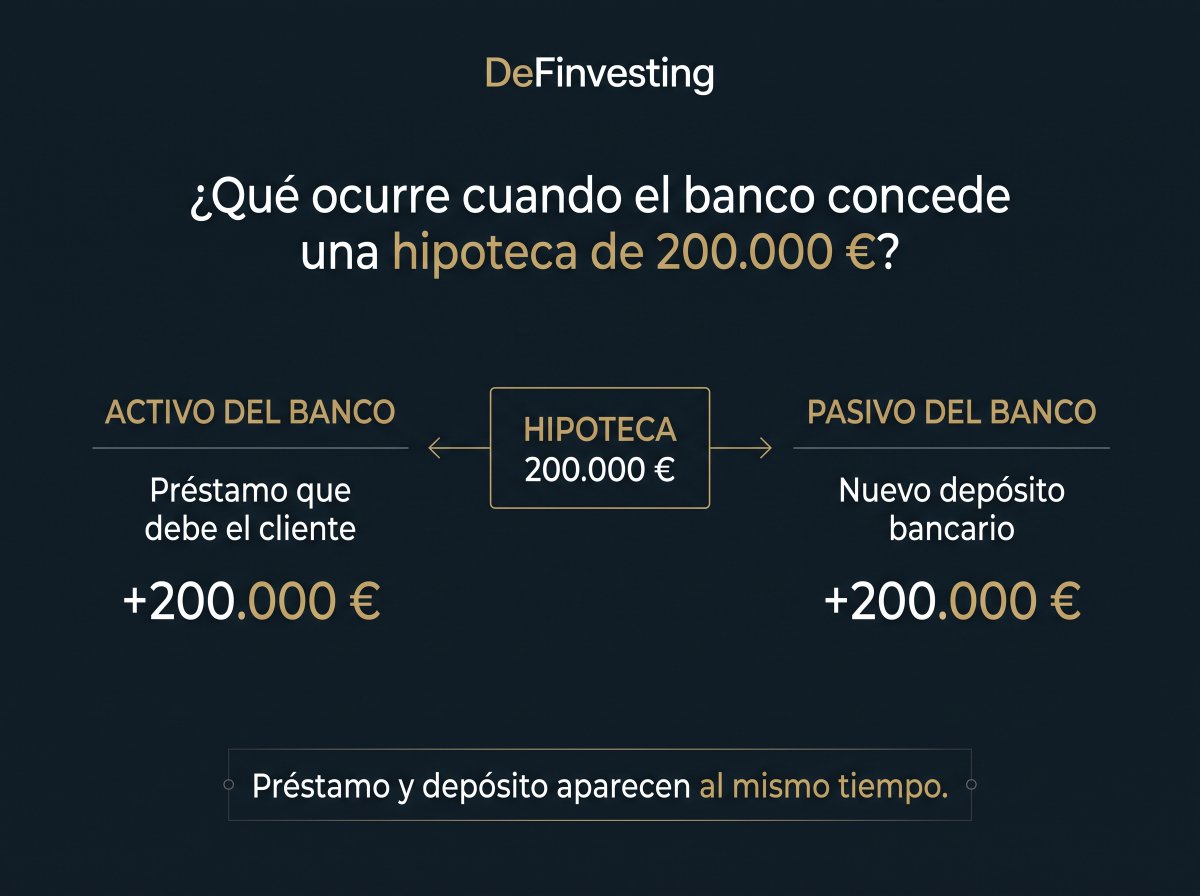 definvesting's tweet photo. 2/4 Al mismo tiempo aparece un pasivo para el banco: un depósito por 200.000 €.

Préstamo y depósito nacen juntos. Por eso el crédito bancario puede crear dinero bancario. https://t.co/WAUDDLOoAD