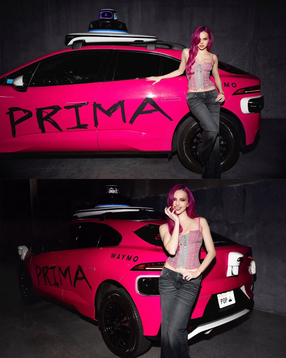 PopCrave's tweet photo. ADÉLA poses with PRIMA-themed Waymo. https://t.co/n2qdK45O3K