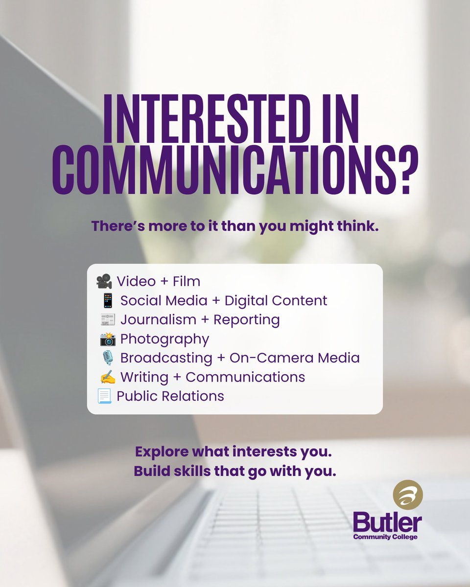 ButlerCC's tweet photo. AI can create a lot these days, but there’s still no substitute for people who know how to tell a good story. 👀

There are a lot of directions you can explore with multimedia journalism at Butler, from video and film to social media, journalism, photography, broadcasting and more.

Meet with your Enrollment Coach, Jonathan, to talk through your interests and explore your options!

Learn more at https://t.co/VfgeQfsiAK 💜