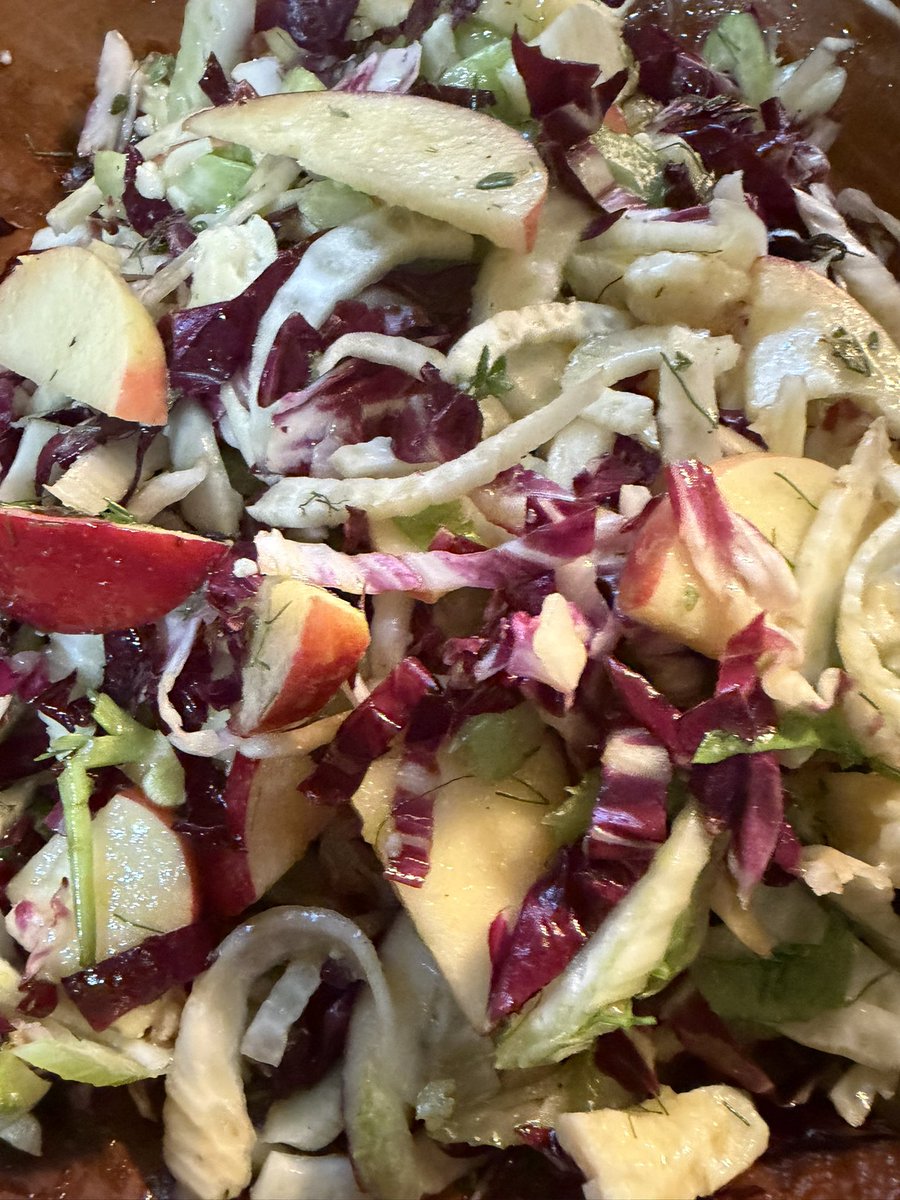 RealVeryMary's tweet photo. Supper is grilled chimichurri chicken thighs.  Broccoli and Parmesan mashed potatoes.  Salad is fennel, celery, radicchio, and Manchego with a lemon honey thyme vinaigrette. https://t.co/aXknZSQU47