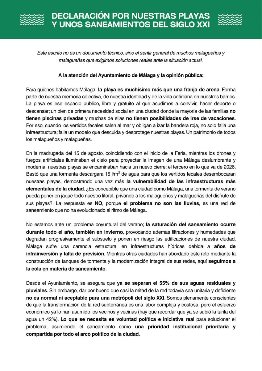 ParqueDelOeste_'s tweet photo. 📢Presentamos la Declaración Por Nuestras Playas y unos Saneamientos del Siglo XXI.

✍️Una iniciativa vecinal suscrita por 29 asociaciones y colectivos de diferentes ámbitos de la ciudad.

Por el patrimonio público de todos los malagueños y malagueñas. Por un saneamiento digno. https://t.co/v5Gkxkh7Hg