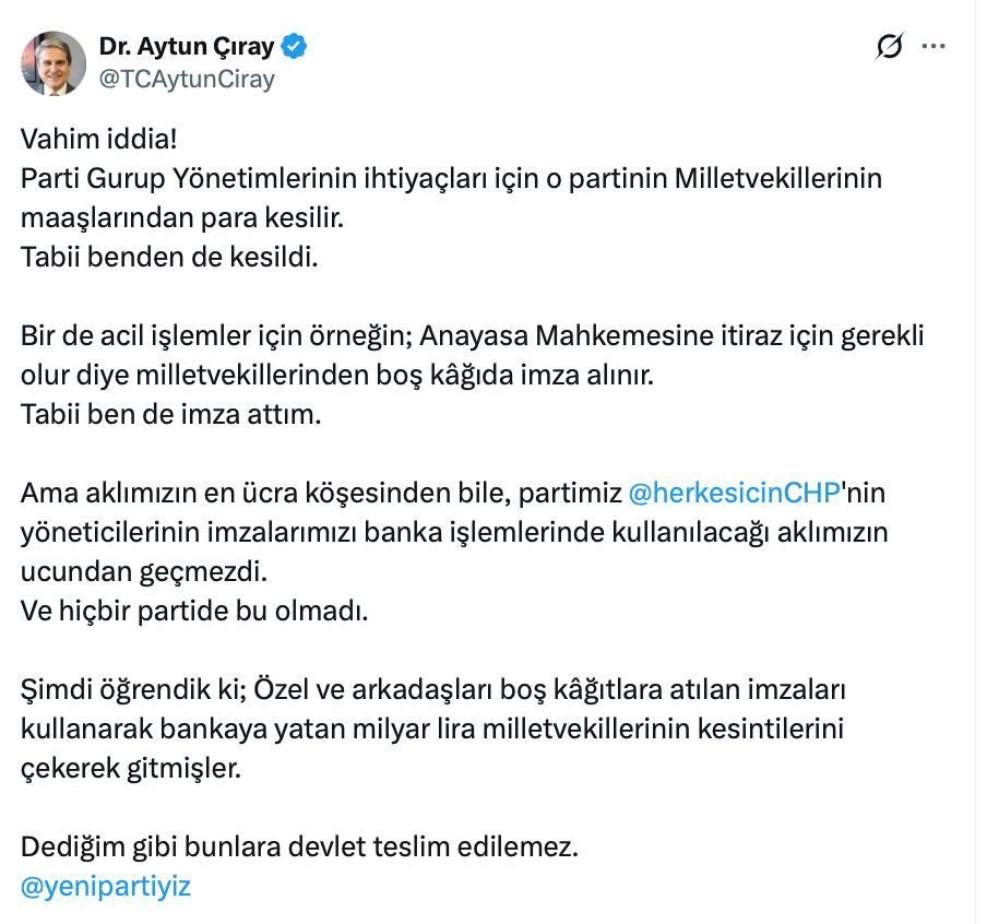 BekirTiryakii's tweet photo. Vahim iddia!

​Milletvekilinden "Anayasa Mahkemesine itiraz için" diye boş kağıda imza alıp, o imzalarla bankalardan milyarlarca lirayı çekmek nedir?

​Yıllardır İBB'deki usulsüzlükler ve şaibeli ihale çarklarıyla anılanların, şimdi de kendi vekillerini dahi kandıracak boyuta ulaşması siyasetin geldiği noktayı özetliyor.

"Aklımızın ucundan geçmezdi" dedirten bu düzen gösteriyor ki:
​Bunlara devlet teslim edilemez!