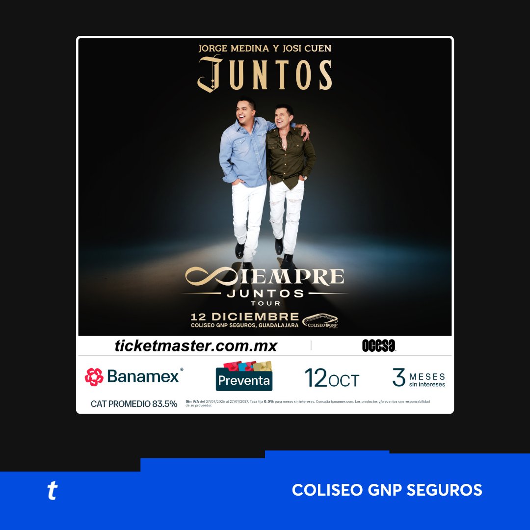 Ticketmaster_Me's tweet photo. El Siempre Juntos Tour de @j_medina37 y Josi Cuen llegan al @coliseognp este 12 de diciembre  🤠🎭

🎟️: https://t.co/T4L6oLXxaG
#PreventaBanamex https://t.co/A8FFyPvx8i