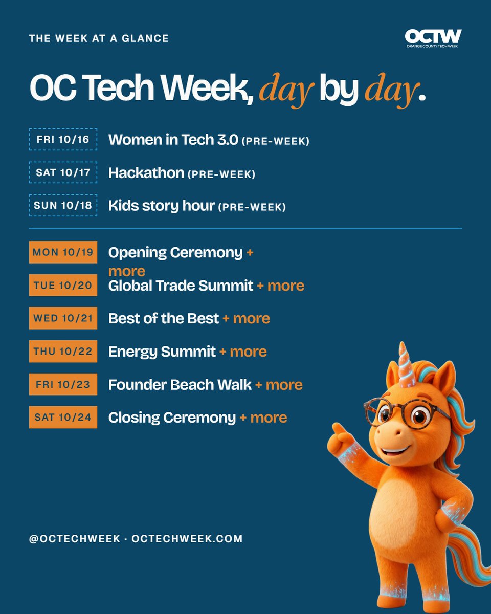 octechweek's tweet photo. Save this. Full schedule and registration links at https://t.co/gW2POzoONr. Events are still being added.  Follow us for updates. #OCTechWeek #InnovationInParadise #OrangeCounty #OCEvents https://t.co/X3nHfAKvu9