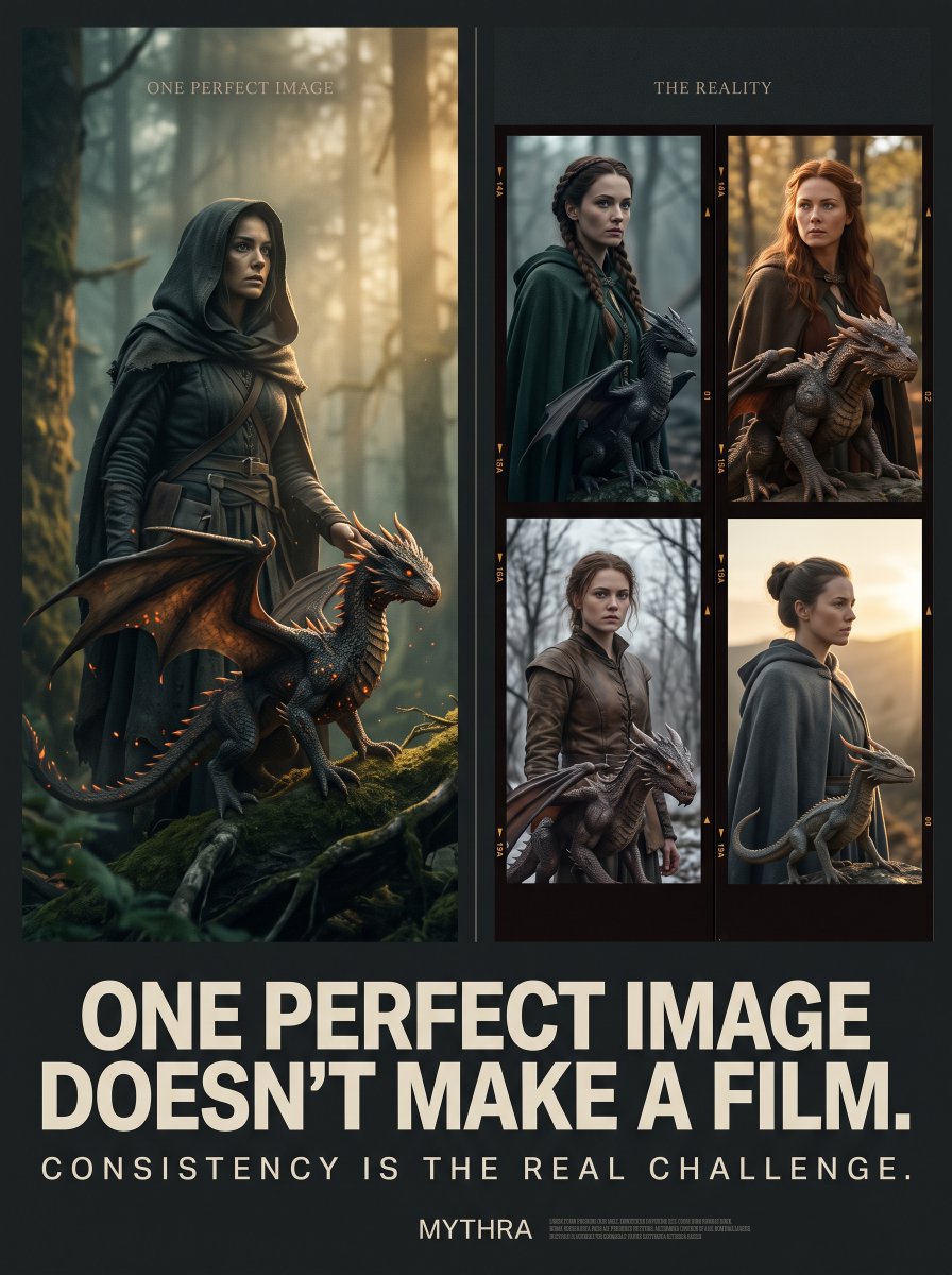 mythrastudio's tweet photo. The AI filmmaking mistake nobody warns you about:

Making one beautiful AI image is easy.

Making 100 shots feel like ONE movie?

That’s where things get difficult.

Here are 5 lessons we’re learning by building films at MYTHRA. 🧵 https://t.co/WdnCcyuKW5