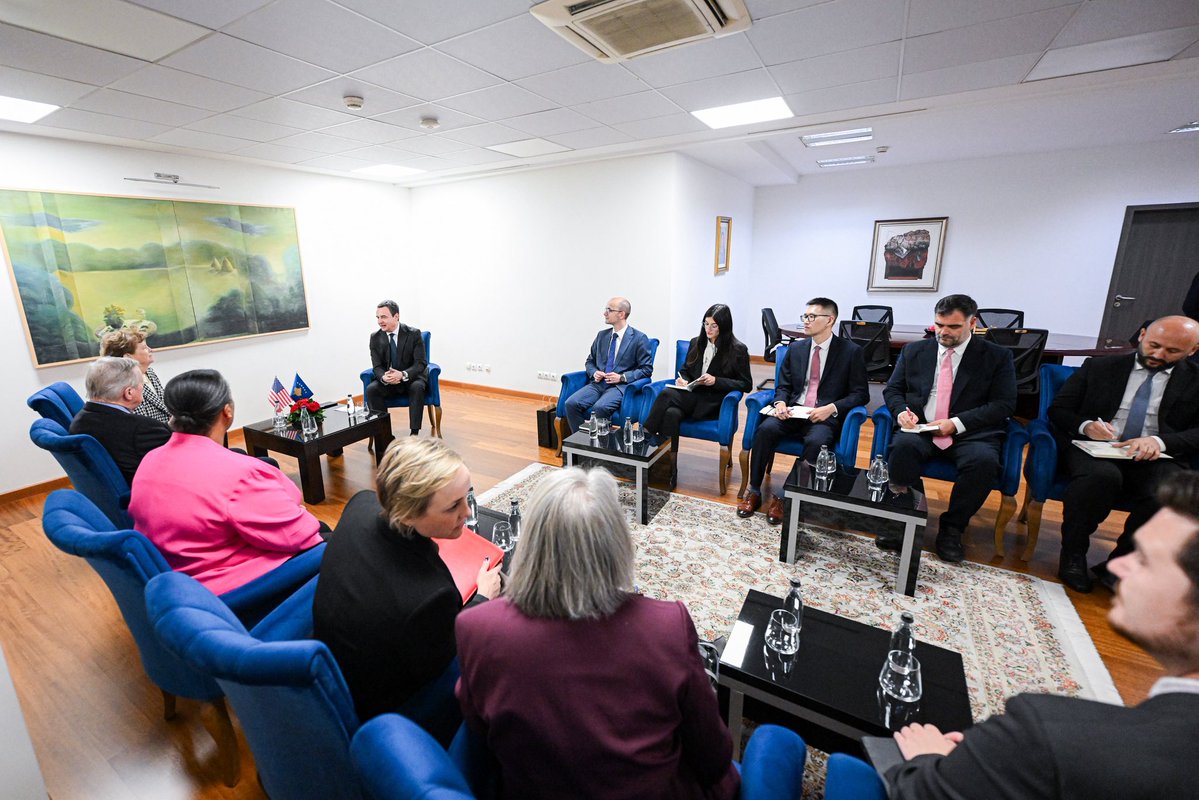 albinkurti's tweet photo. A pleasure to welcome U.S. @SenatorShaheen and @SenatorDurbin tonight to the Office of the Prime Minister. This marks Sen. Durbin's first visit to Kosova, as well as my seventh meeting with Sen. Shaheen. 

I thanked both senators for their longstanding support for Kosova and for strengthening Kosova–U.S. relations. I also asked them for their support for Kosova's becoming a member of NATO, and for making Camp Bondsteel a permanent military base. 

Despite threatening and inflammatory statements by high-ranking Serbian officials, Kosova continues to progress, with 5.4% and 4.1% economic growth in the first and second quarters of 2026 respectively, and a 5-fold increase in ICT service exports over the past five years. In a sign of Kosova's rapid technological and economic advancement, that sector now accounts for 6% of our GDP. 

With the election of a new president and full institutional stability, our Government will embark on an ambitious set of justice reforms, including vetting for prosecutors and judges, and the establishment of the State Bureau for Verification and Confiscation of Unjustified Assets. Equally ambitious will be a series of upcoming infrastructure investments, including four railway lines, five dams, and 20 stadiums in preparation for the Prishtina 2030 Mediterranean Games.