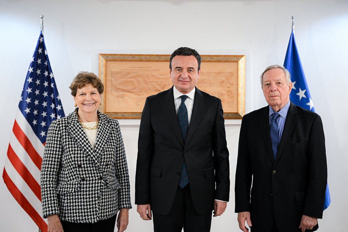 albinkurti's tweet photo. A pleasure to welcome U.S. @SenatorShaheen and @SenatorDurbin tonight to the Office of the Prime Minister. This marks Sen. Durbin's first visit to Kosova, as well as my seventh meeting with Sen. Shaheen. 

I thanked both senators for their longstanding support for Kosova and for strengthening Kosova–U.S. relations. I also asked them for their support for Kosova's becoming a member of NATO, and for making Camp Bondsteel a permanent military base. 

Despite threatening and inflammatory statements by high-ranking Serbian officials, Kosova continues to progress, with 5.4% and 4.1% economic growth in the first and second quarters of 2026 respectively, and a 5-fold increase in ICT service exports over the past five years. In a sign of Kosova's rapid technological and economic advancement, that sector now accounts for 6% of our GDP. 

With the election of a new president and full institutional stability, our Government will embark on an ambitious set of justice reforms, including vetting for prosecutors and judges, and the establishment of the State Bureau for Verification and Confiscation of Unjustified Assets. Equally ambitious will be a series of upcoming infrastructure investments, including four railway lines, five dams, and 20 stadiums in preparation for the Prishtina 2030 Mediterranean Games.