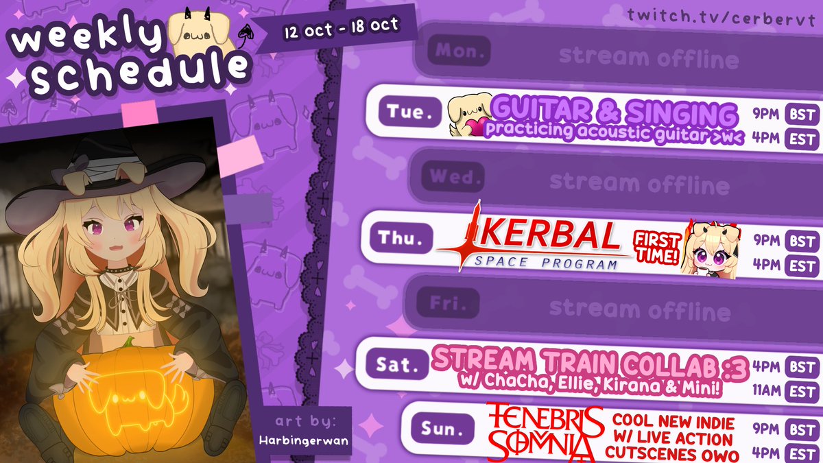 cerberVT's tweet photo. It's the schedule yippeeeee!! o( >  ᗜ  < )o ₊˚⊹♡ I'm excited for every day this week! Which day looks best to you? OwO 💜💜 https://t.co/6AHJNwcAyr