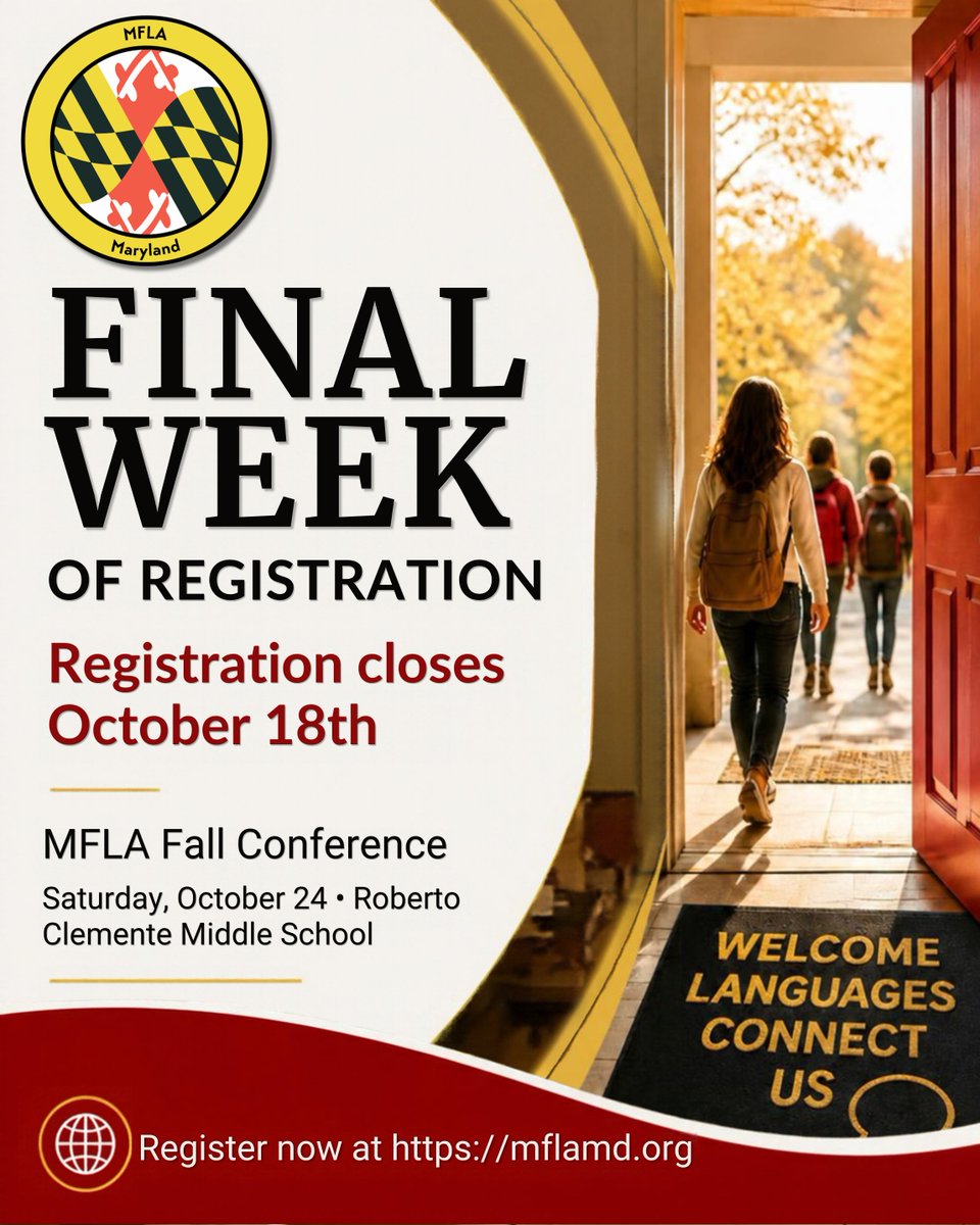 MFLAMD's tweet photo. This is the final week for on-line registration.  Day-of registration available at a higher rate.
You'll be inspired by our keynote speaker &amp; reconnect with &amp; get to know new fellow WL enthusiast friends &amp; colleagues!  You belong with us 🌟🌍♥️🤍💛🖤🌍🌟!

https://t.co/p3WO6eVoVz https://t.co/C3ku4g9N7l