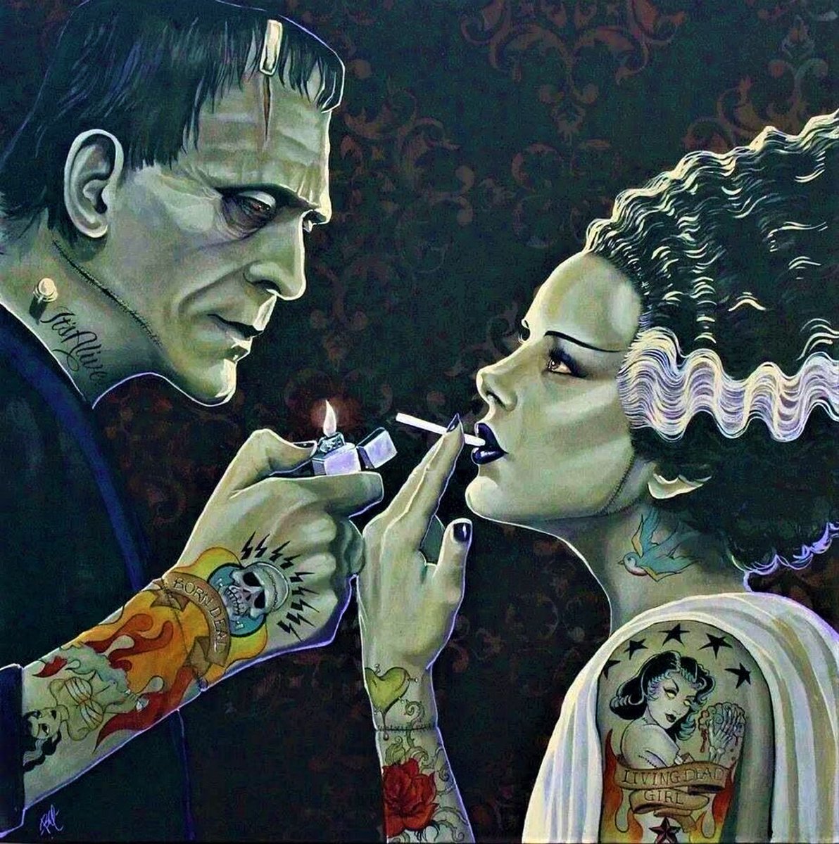 FrankieCorpseX's tweet photo. Forget perfect love. Give me stitched hearts, electric chemistry, tattoos, and a little beautifully undead chaos. 🖤⚡🥀 #Frankenstein #GothicLove #MonsterLove #HorrorArt https://t.co/eSI2I36zl4