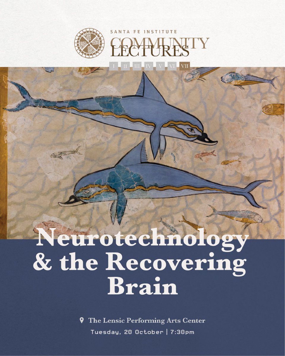 sfiscience's tweet photo. Reserve your free tickets for SFI’s Community Lecture with John Krakauer, “Neurotechnology and the Recovering Brain,” on October 20, 7:30 pm at the Lensic Performing Arts Center.

It is increasingly appreciated that the damaged nervous system has residual latent capacity which, if harnessed, can restore function. In this lecture, SFI External Professor John Krakauer will discuss how it may be possible to unmask and express that capacity, using immersive environments, exer-gaming, smart devices, physiological stimulation, and psychedelics.

When: October 20, 2026 | 7:30 pm
Where: Lensic Performing Arts Center, Santa Fe, NM.
Free tickets: https://t.co/478J0KhWN8 or watch the live stream on SFI’s YouTube

Presented free to the public thanks to generous sponsorship by the McKinnon Family Foundation, with support from The Lensic Performing Arts Center and the Santa Fe Reporter.