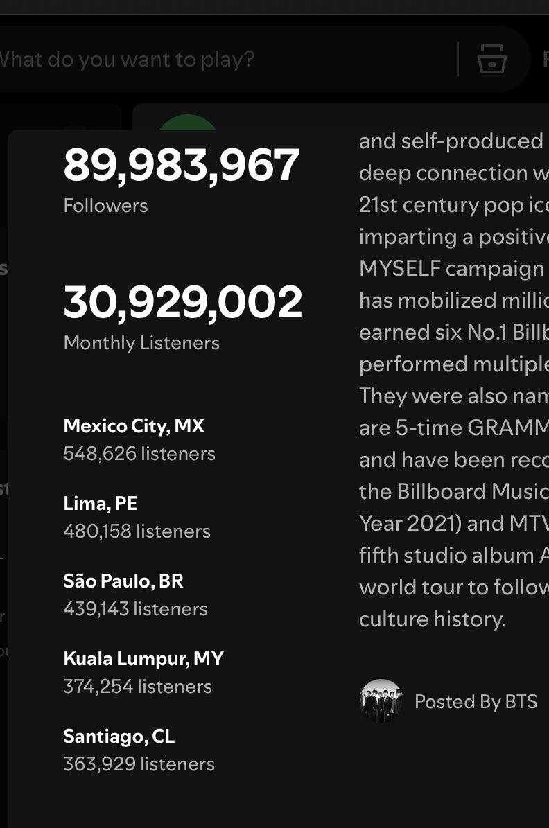 hyyhjeons's tweet photo. que fuerte me parece que seamos la 2da ciudad que mas escucha a bts en spotify 🫪 https://t.co/ZEy0Ek9uL8
