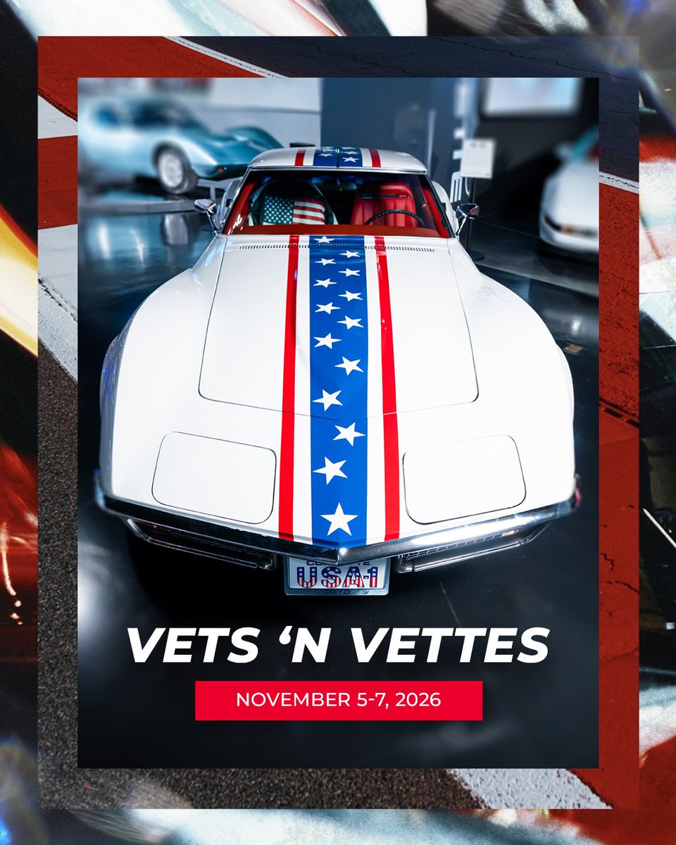 corvettemuseum's tweet photo. Online registration for Vets ’n Vettes closes THIS FRIDAY, October 16, at 9 AM CT! Join us November 5–7 at the National Corvette Museum for three days dedicated to honoring our nation's veterans and active-duty service members. From touring laps at NCM Motorsports Park and scenic Kentucky drives to the Vets ’n Vettes banquet and Bowling Green Veterans Day Parade, this annual gathering brings the Corvette community together in recognition of those who have served. Don't miss your chance to be part of this special tradition! Register online before Friday's deadline: https://t.co/SUjVxWflpP