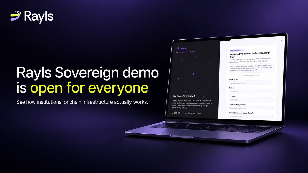 RaylsLabs's tweet photo. The best way to understand Rayls Sovereign is to see it in action.  

Rayls Sovereign gives institutions a dedicated EVM environment to bring onchain capabilities into their existing operations, from tokenization and settlement to programmable transactions and connectivity with public networks.   

Now, you can explore that experience yourself. We’ve opened the Rayls Sovereign Demo, giving you a hands-on look at how institutional onchain infrastructure works in practice.    

Explore the demo: https://t.co/C52R9ByGi8
