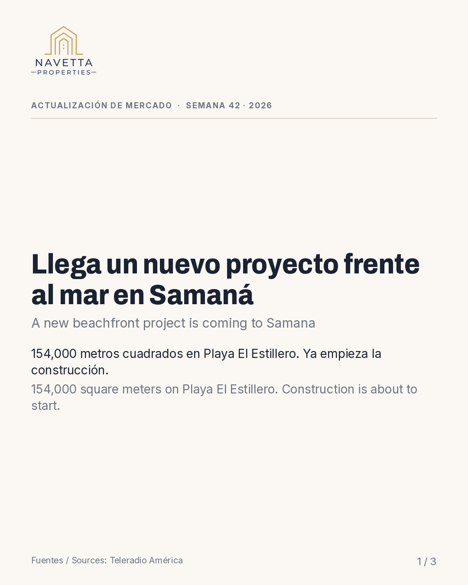 Navettaproperty's tweet photo. A new seafront community, AKKANA Samana, just launched on Playa El Estillero: about 154,000 sq meters of villas, bungalows and apartments. Already in pre-sales, phase one due 2028. New inventory near Las Terrenas. Source: Teleradio America #LasTerrenas #RealEstateDR https://t.co/dXT3IdaS31
