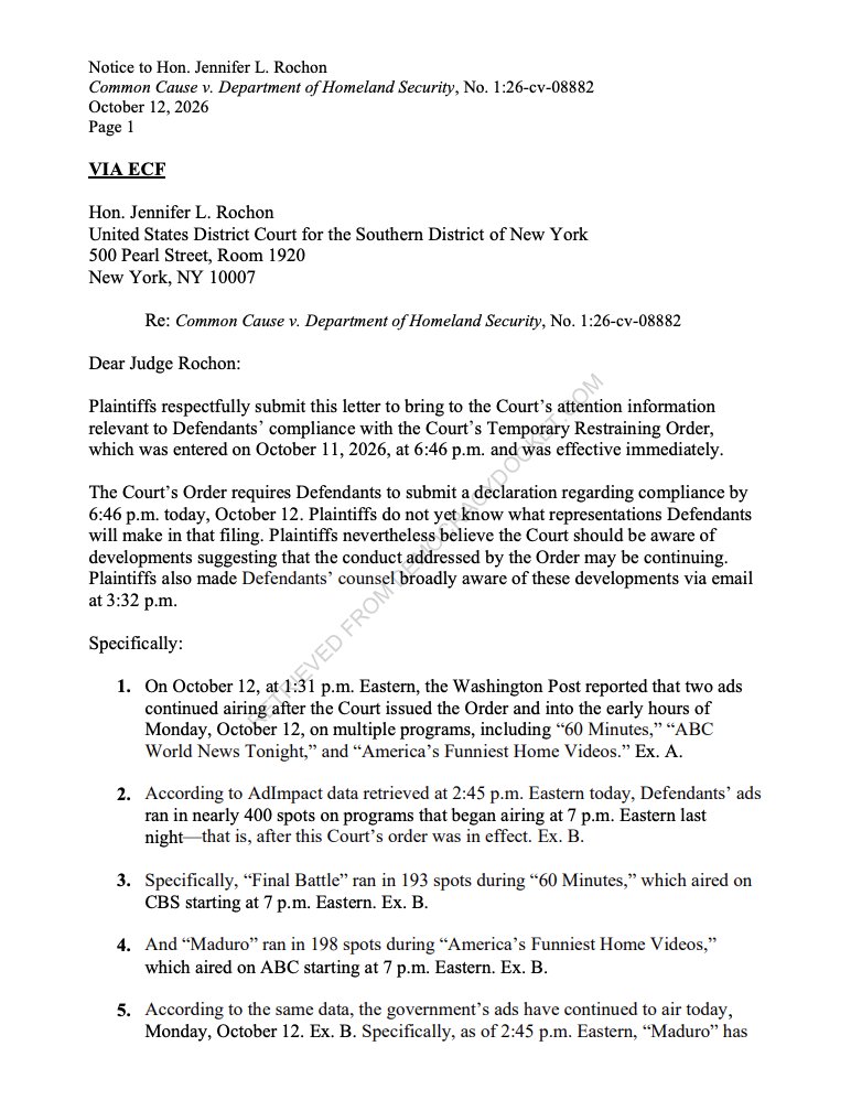 DemocracyDocket's tweet photo. UPDATE: A pro-voting group asked a federal judge to hold a hearing on whether DHS is following a court order that blocked its taxpayer-funded political ads featuring Trump.

The group says the ads have run in around 820 spots since the judge blocked them. https://t.co/zZy0qbJ8Nb