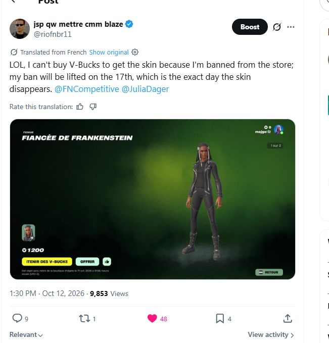 28spookyfn's tweet photo. @JuliaDager Julia, please look at my tweet. I'm banned from the shop; the ban lifts on the 17th, but I want to buy a skin that's leaving the shop that day. Please help me: lift my ban. I cannot receive gifts or buy V-Bucks. https://t.co/xBZvcEog6M