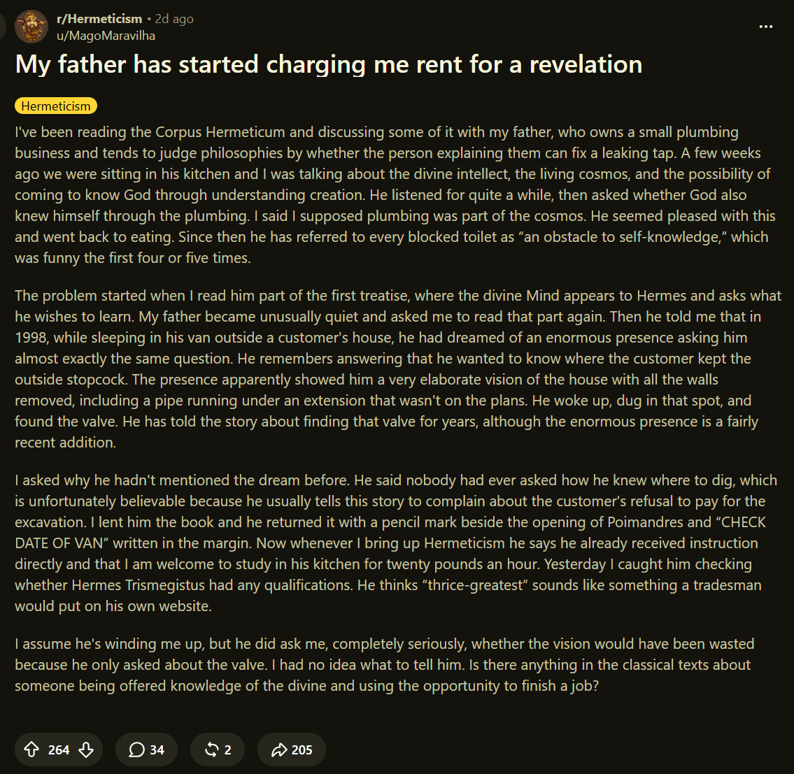 _SatanWatch's tweet photo. Guy on /r/Hermeticism says his father received the answer to an indoor plumbing problem directly from God in 1998. https://t.co/4HMNNdBdCY