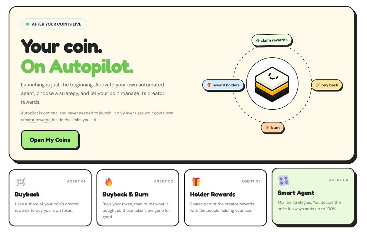 launchsimple's tweet photo. Don't forget about Autopilot.

Launching your coin is just the beginning.

You can activate your own agent and let it automatically manage your creator rewards.

Buybacks, buyback & burn, holder rewards, or a custom mix of everything.

You choose the strategy and how much to allocate.

Your coin works for itself.

IT'S SIMPLE.