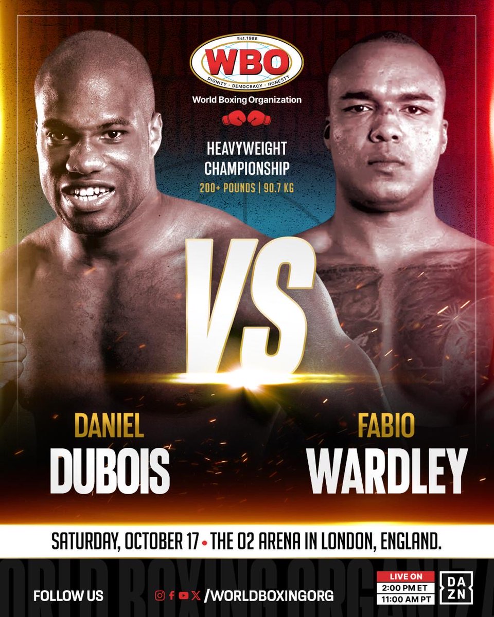 WorldBoxingOrg's tweet photo. IT’S FIGHT WEEK!

Daniel Dubois vs. Fabio Wardley! Two heavyweight warriors, one WBO World Championship on the line. Who will rise to the occasion?

October 17 | London, England 🇬🇧

#BeltsMatter https://t.co/kb1z2BXejT
