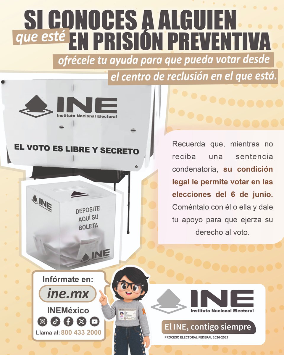 INECoahuila's tweet photo. 🗳️ Si tienes un familiar o conoces a una persona en prisión preventiva, sin sentencia condenatoria, compártele información sobre cómo participar desde el centro de reclusión donde se encuentra.🤝

🌐https://t.co/sYZWb6wDxx
📞 INETEL: 800 433 2000
 #VotoEnPrisiónPreventiva https://t.co/LF7N2on5Kc