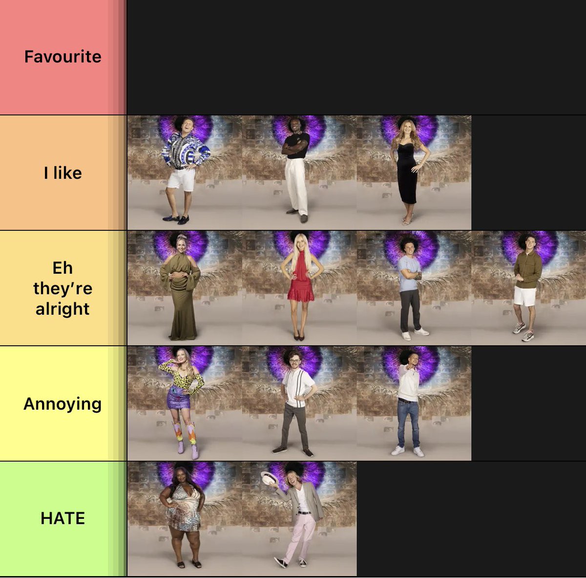 andwhosyou's tweet photo. My #bbuk ranking of housemates. 
I don’t love any of them but just get Yas and Rob out and I’ll be happy https://t.co/XIl0a1zlsH