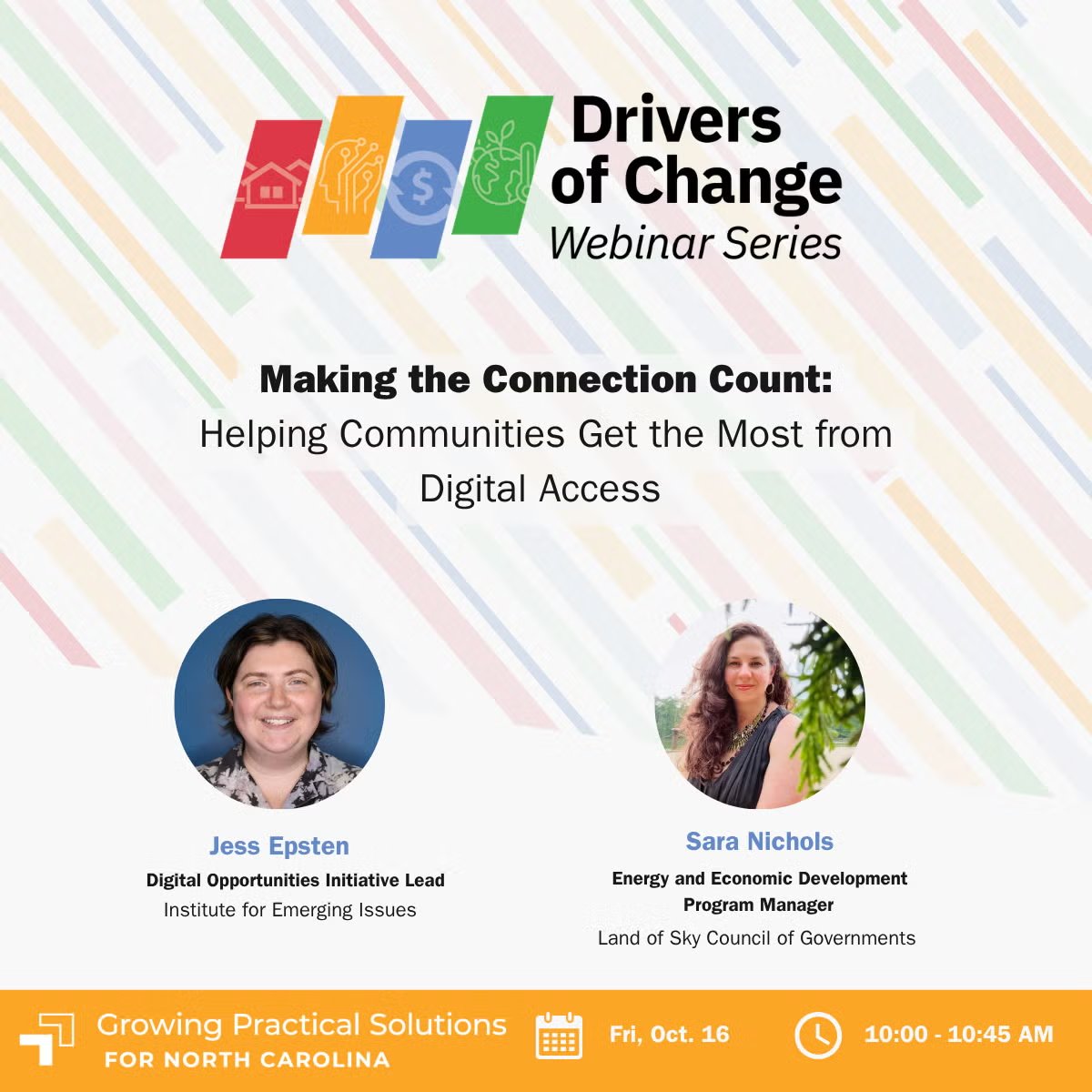 emergingissues's tweet photo. IEI's Jess Epsten and Sara Nichols with @LandofSkyRC are taking the virtual stage for @ncIMPACTsog's next GPS Drivers of Change webinar, "Making the Connection Count: Helping Communities Get the Most from Digital Access"! Learn more and register now: https://t.co/j7It9aed0K https://t.co/cjO0Agf1yc