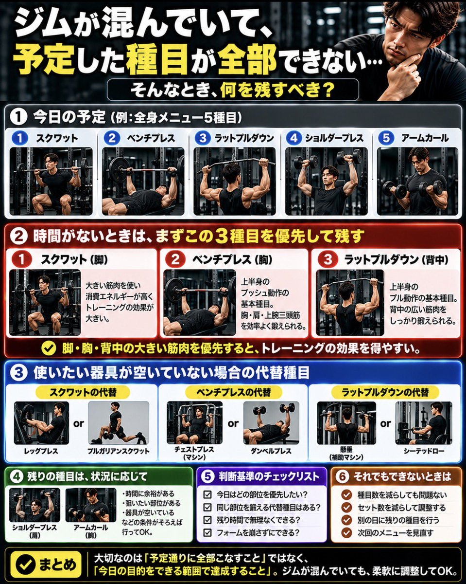 Rey_Mens_Lab's tweet photo. 筋トレ初心者、
「ジムが混みすぎて、予定の5種目が全部できない…」

そんなとき、空いているマシンを適当に回るのはもったいない。

大事なのは、
「どの種目を残すか」を決めること。

例えば、今日の予定が、

① スクワット
② ベンチプレス
③ ラットプルダウン
④ ショルダープレス
⑤ アームカール

だったとする。

でも、ジムが混雑していて、
全部やる時間がない。

そんなときは、

【優先して残す3種目】
① スクワット → 脚
② ベンチプレス → 胸
③ ラットプルダウン → 背中

まずは、この3つを候補にする。

もし器具が空いていなければ、

・スクワット → レッグプレス
・ベンチプレス → チェストプレス
・ラットプルダウン → アシスト懸垂

こんな代替案もある。

もちろん、動作や刺激が完全に同じわけではない。

判断基準は3つ。

① 今日、優先したい部位は？
② 同じ部位を鍛える別の種目はある？
③ 残り時間で無理なくできる？

胸を重点的に鍛える日なら、
ベンチプレスを優先してもいい。

大切なのは、
「決めた種目を全部こなすこと」ではなく、
「今日の目的をできる範囲で達成すること」。

ジムが混んでいても、
メニューは柔軟に変えてOK。