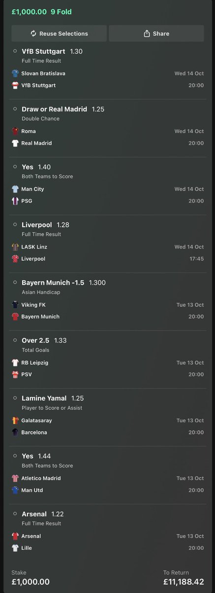 FredoTipping's tweet photo. The 2-day 10/1 UCL banker acca😉🍀 https://t.co/2KWaxxSYIh