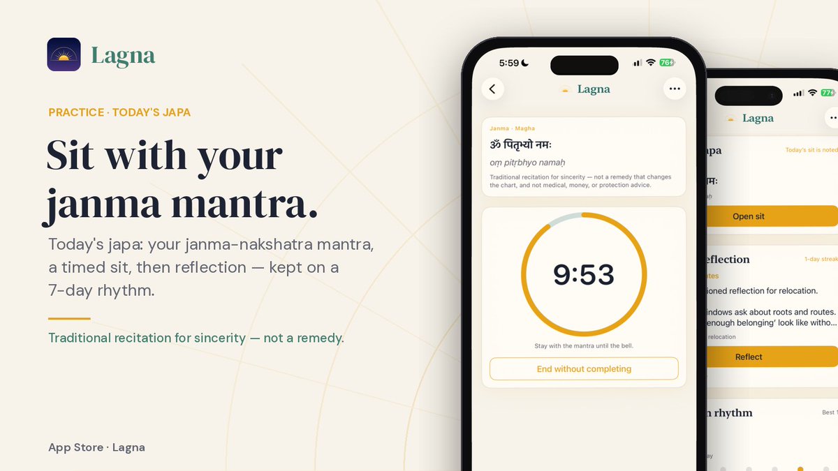 LagnaApp's tweet photo. Sit first. Then open your chart.

Today's japa in Lagna: your janma-nakshatra mantra, mala or timer, then a short reflection. Each one fills a dot on your Mon–Sun rhythm strip.

Your kundli is computed on your iPhone.

https://t.co/rKUxcjalpy

#Jyotish #Japa https://t.co/6GP2Iyd5ZX