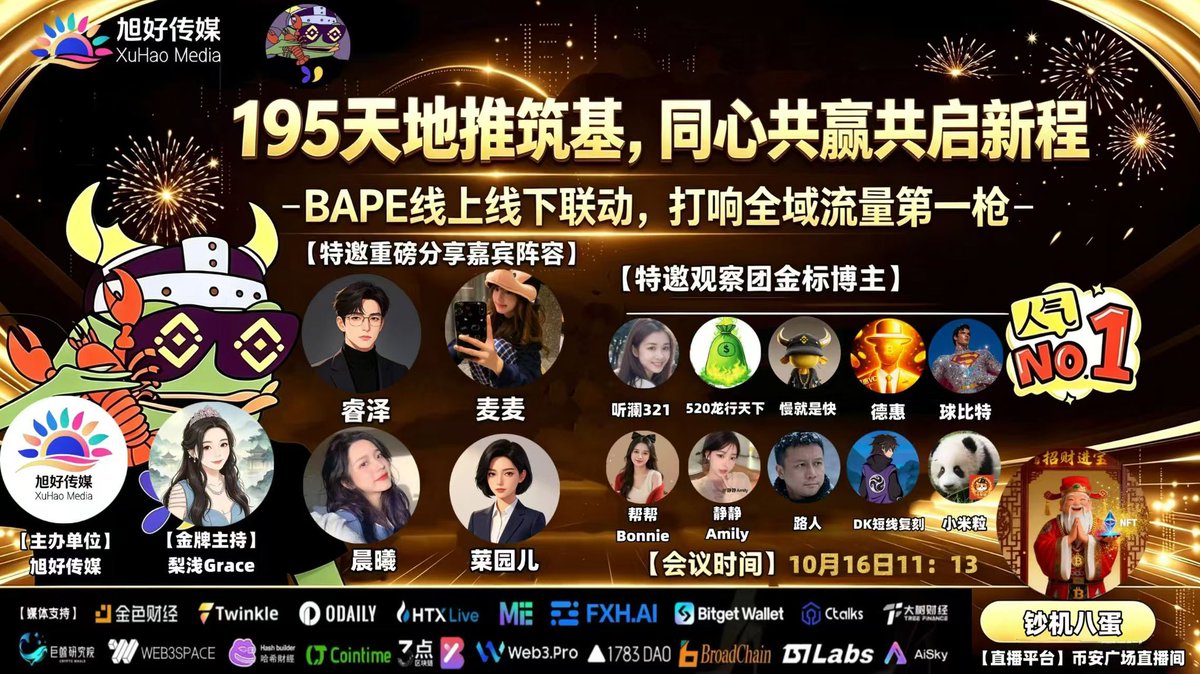 xuhaomedia2026's tweet photo. 🌏【主标题】
195天地推筑基，同心共赢共启新程
 
🌏【副标题】
BAPE线上线下联动，打响全域流量第一枪
 
📅【会议时间】2026年10月16日 11：13（UTC+8）
🎬【直播地点】
币安广场·钞机八蛋直播间
 
🌕【导入语】
大浪淘沙始见金，久历淬炼方致远。Web3赛道潮起潮落，震荡是周期考验，洗盘是共识筛选。无数生态喧嚣落幕，唯有实干落地、纯粹自治的价值生态，方能穿越牛熊、稳步长存。
 
历经整整195天深耕沉淀，BAPE以透明链上机制为根基，以全民社区自治为核心，以全国地推共建为支撑，在市场起伏中夯实底盘、凝聚铁军共识，淬炼出独一无二的生态韧性。
 
如今BAPE蓄势腾飞，线上持续认知赋能、输出价值共识，线下全国地推矩阵全面铺开、多点发力，实现线上引流破圈、线下深耕固基的双线共振格局，正式开启全域生态爆发新周期。
 
本次AMA特邀四大行业资深大咖坐镇，深度拆解BAPE机制优势、地推战略、流量逻辑与长线价值。诚邀全网伙伴共赴盛会，以初心赴山海，以聚力启新章，共迎生态高光未来！
 
🎤 特邀主持（Host）
🎙【金标主播】钞机八蛋
🎙【共同主持人】旭好传媒 
🎙【特邀金牌主持】梨浅Grace  
 
👥 特邀重磅行业嘉宾（Speakers）
🔹睿泽｜区块链资深投研专家 区块链实战派导师
🔹麦麦｜币安广场金标主播 资深区块链金牌导师
🔹晨曦｜币安广场金标主播 
🔹菜园儿｜资深区块链社区长
 
⭐️PS：本场直播全程高能干货、层层递进、全程干货满满，直播间有专属惊喜抽奖、重磅空投福利持续放送，回馈每一位坚守信仰、同心共建的家人！诚邀大家提前预约、准时赴约、积极参与，共鉴生态高光时刻！
