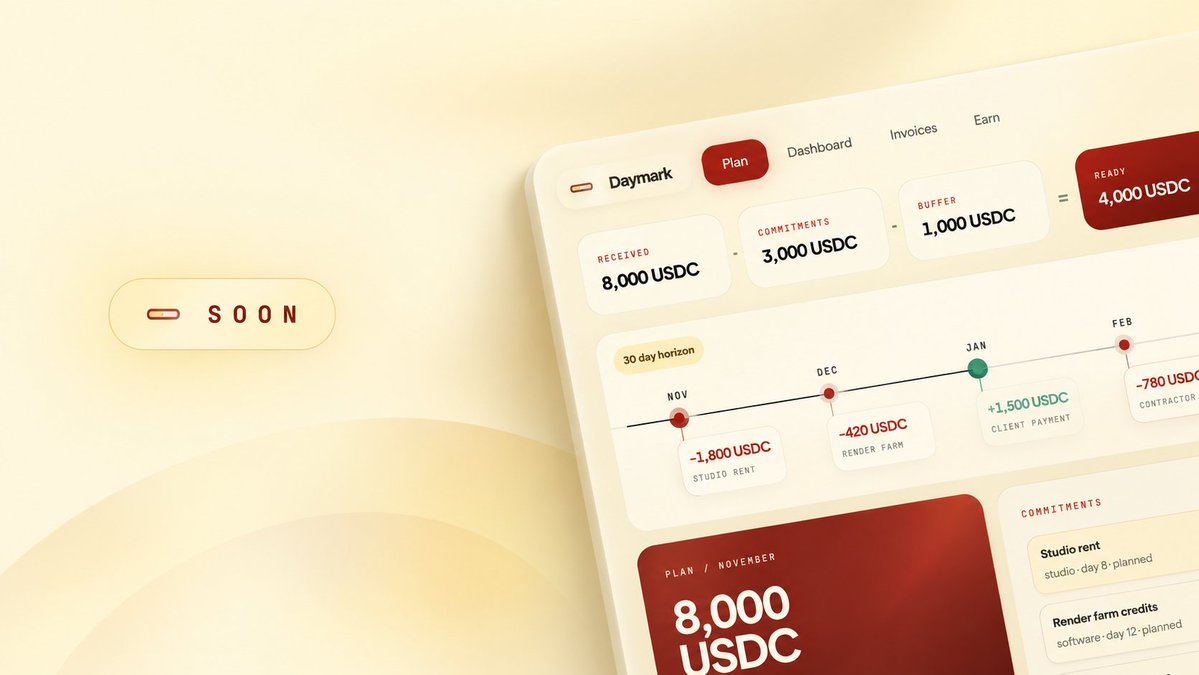 daymarkitss's tweet photo. Something calm is coming for people who get paid in USDC.

Not another wallet.
Not another yield dashboard.

A clearer way to see the month before the money moves.

Daymark soon. https://t.co/nXYe1S99Sd