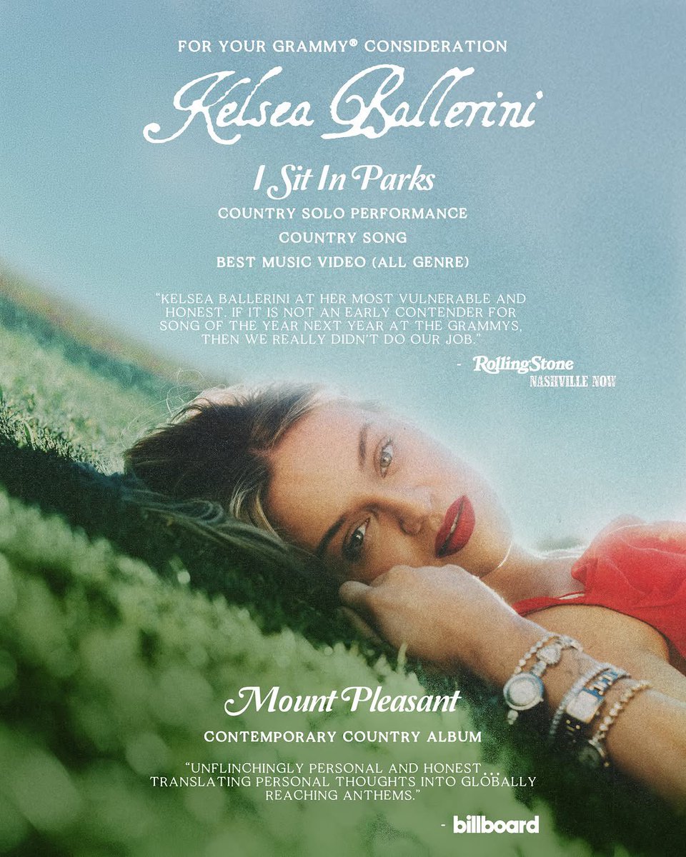 KelseaBallerini's tweet photo. after 5 albums and 2 EP’s, I Sit In Parks is a song i’ll hang my hat on and forever be proud to have put into the world, and mount pleasant was a capsule of creative freedom built around growing up and my big ass feelings. dear grammy gods, i’d love your consideration. ❤️ https://t.co/5Bs1SuKxPE