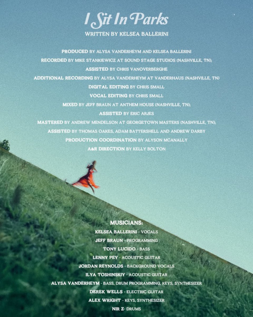 KelseaBallerini's tweet photo. after 5 albums and 2 EP’s, I Sit In Parks is a song i’ll hang my hat on and forever be proud to have put into the world, and mount pleasant was a capsule of creative freedom built around growing up and my big ass feelings. dear grammy gods, i’d love your consideration. ❤️ https://t.co/5Bs1SuKxPE