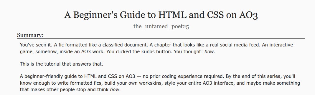 the_tamed_poet's tweet photo. Hey friends! I posted Chapter 14 of my beginner-friendly AO3 coding tutorial!

This one covers Social Media Fics (SMAUs) — Posts &amp; Social Interfaces: how to recreate social media posts/comments, threads, Discord chats, and more. Go check it out! <3

Link: https://t.co/vjDKpz6tLd https://t.co/rci5ezAGEU