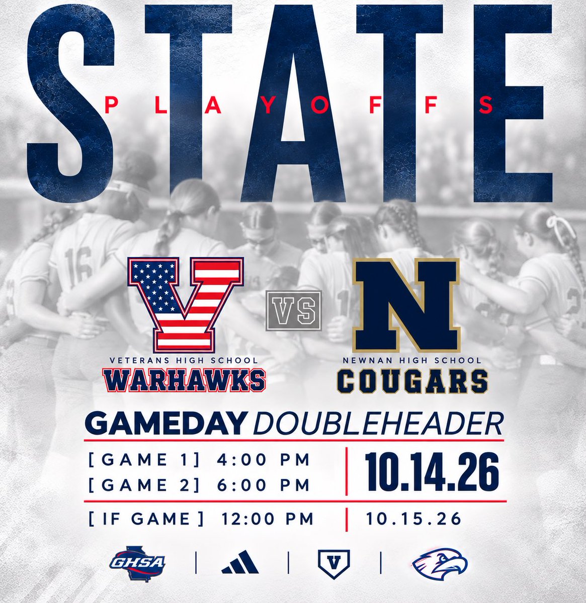 _VHSSoftball's tweet photo. The road to STATE starts right here at the HAWKS NEST!

We’re kicking off the first round of the GHSA State Playoffs at HOME as we take on the Newnan Cougars!

Warhawk Nation, we need you in the stands, LOUD and PROUD! 

#GoWarhawks | #VHSSB26 | #ForTheV https://t.co/dU5hc6mTtu