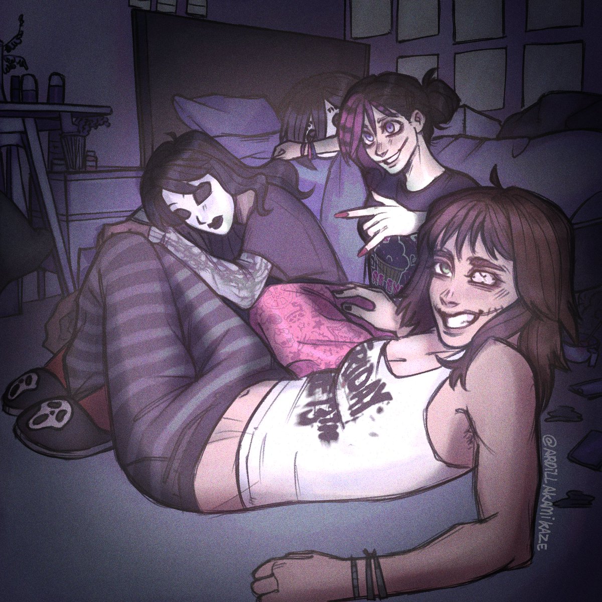 ArdillaKamikaze's tweet photo. Dia 12: Creepy Girls party. El límite de cheetos que una persona puede comer son 5 bolsas (Clock lo comprobó) #janethekiller #ninathekiller #clockwork #katethechaser #creepypasta #creepytober https://t.co/98e15oVQrf