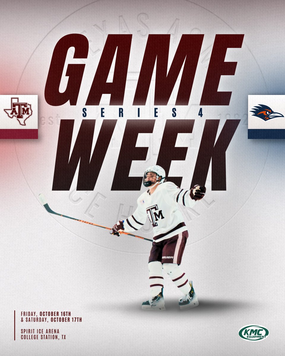 tamuicehockey's tweet photo. BACK AT OUR BARN 🏠

We’re back at Spirit Ice Arena for Series 4 as we take on UTSA! Come cheer on the Aggies and grab your tickets!

🎟️ https://t.co/TlRM5pEI0X

#TAMUHockey | #BTHOUTSA | #AggieIce https://t.co/yDeEMjazX0