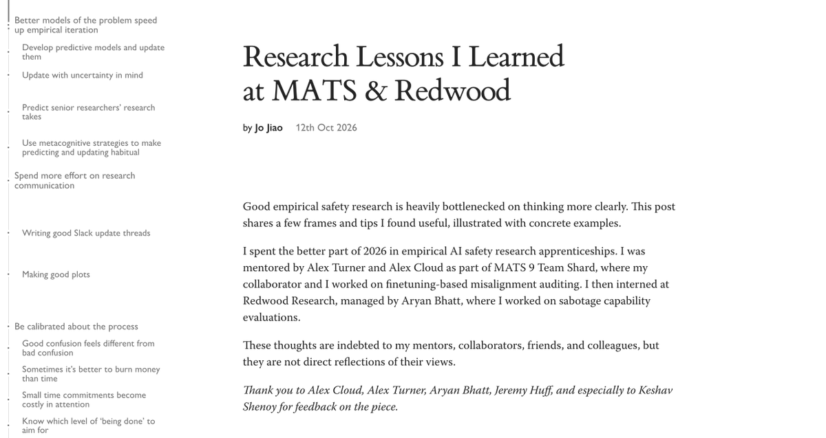 joneedssleep's tweet photo. Early-career empirical safety researchers who want to iterate faster should slow down and think more carefully. The best empirical researchers I met at MATS and Redwood spend a long time writing and thinking about their research. I explain what I mean more concretely in my blog post: