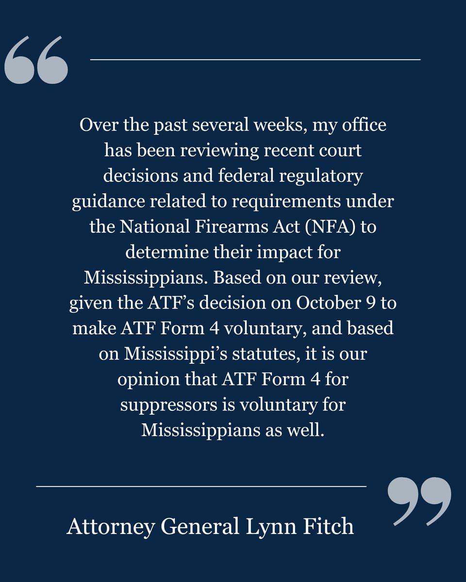 LynnFitchAG's tweet photo. I am proud to defend our Second Amendment rights, and because the ATF decision to make Form 4 voluntary can be changed by future administrations, I will continue to work with the @NRA and ASA to amend state law to ensure lasting impact for Mississippi gun owners. Read my full statement ⬇️

https://t.co/cF1SeBY35m
