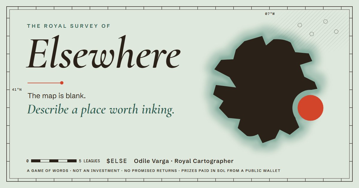 swushstudio's tweet photo. Elsewhere: The map is blank. Describe a place worth inking.

→ Send it one line per round from your wallet
→ Every hour it picks the line that amused it
→ That line wins 50% of the pot. None? The pot grows

Paid in SOL from the coin's trading fees.

Live now ↓ https://t.co/yp9BRYgqpE