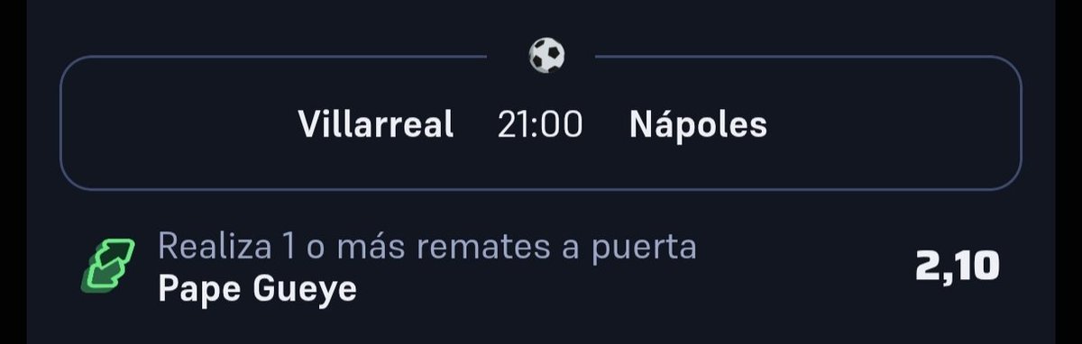 AlphaPicks95's tweet photo. @2 @3 5️⃣ Villarreal vs. Nápoles 🟡🔵

Pick: Pape Gueye - 1 o más remates a puerta (Cuota @2.10).
  
El contexto: Mediocampista con despliegue físico brutal y llegada desde atrás. Si hay rechaces en la frontal, su fusil aparecerá. https://t.co/gSR6cVCjuH