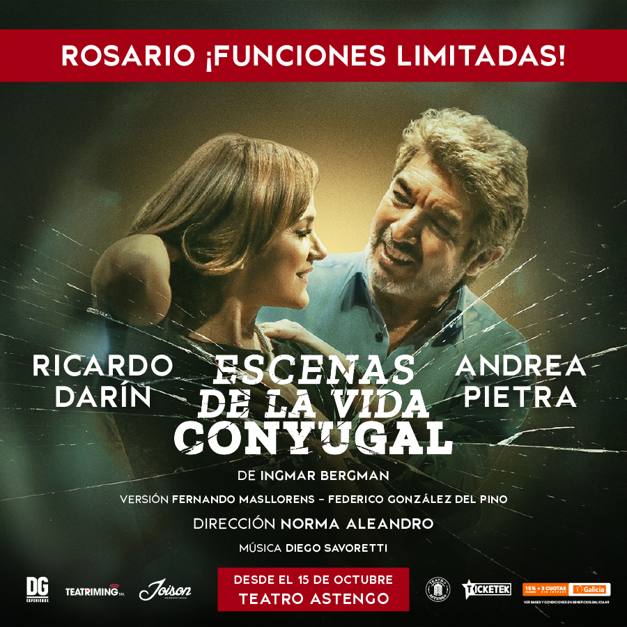 TicketekAr's tweet photo. 🎭❤️ Ricardo Darín y Andrea Pietra protagonizan Escenas de la vida conyugal, el clásico de Ingmar Bergman sobre el amor, las crisis y las contradicciones de pareja, dirigido por Norma Aleandro.

📍 Teatro Astengo, Rosario | 📅 15 al 25/10

🎟️ https://t.co/5JFYhEbHN1 https://t.co/fka65BgyrT