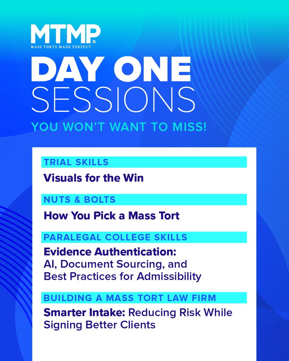 mtmpseminar's tweet photo. The conversations that move #masstorts forward are happening all week at #MTMPFall26. โ๏ธ๐ From emerging litigation to major case developments & strategy discussions, these are the sessions you won't want to miss. https://t.co/ctbXvY2iIT