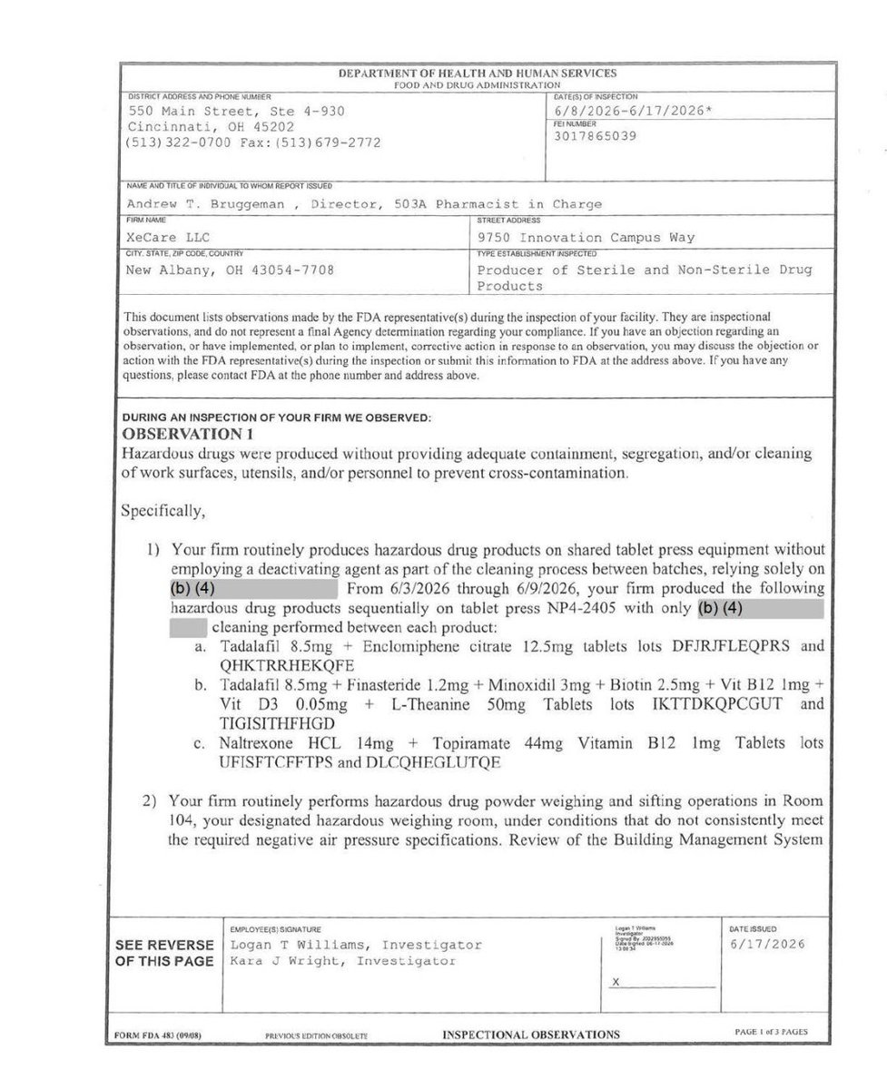himshouse's tweet photo. 🚨 FDA FLAGGED DRUG CONTAMINATION & STERILITY CONCERNS AT $HIMS SUBSIDIARY XECARE

Form 483 to XeCare LLC citing 3 concerns:

1. Inadequate cleaning between hazardous drug batches, approximately 56 air-pressure alarm events
2. Improper exposure of materials used for injectable semaglutide to lower-grade air
3. Untested water used in minoxidil gummies 

FDA inspected the facility from June 8-17, and issued the Form 483 on June 17

The document was publicly posted to FDA website on Sep 10, 2026

IMPORTANT NOTE: A Form 483 identifies *potentially* significant violations but is LESS SEVERE than an FDA Warning Letter and does NOT constitute a final determination of wrongdoing