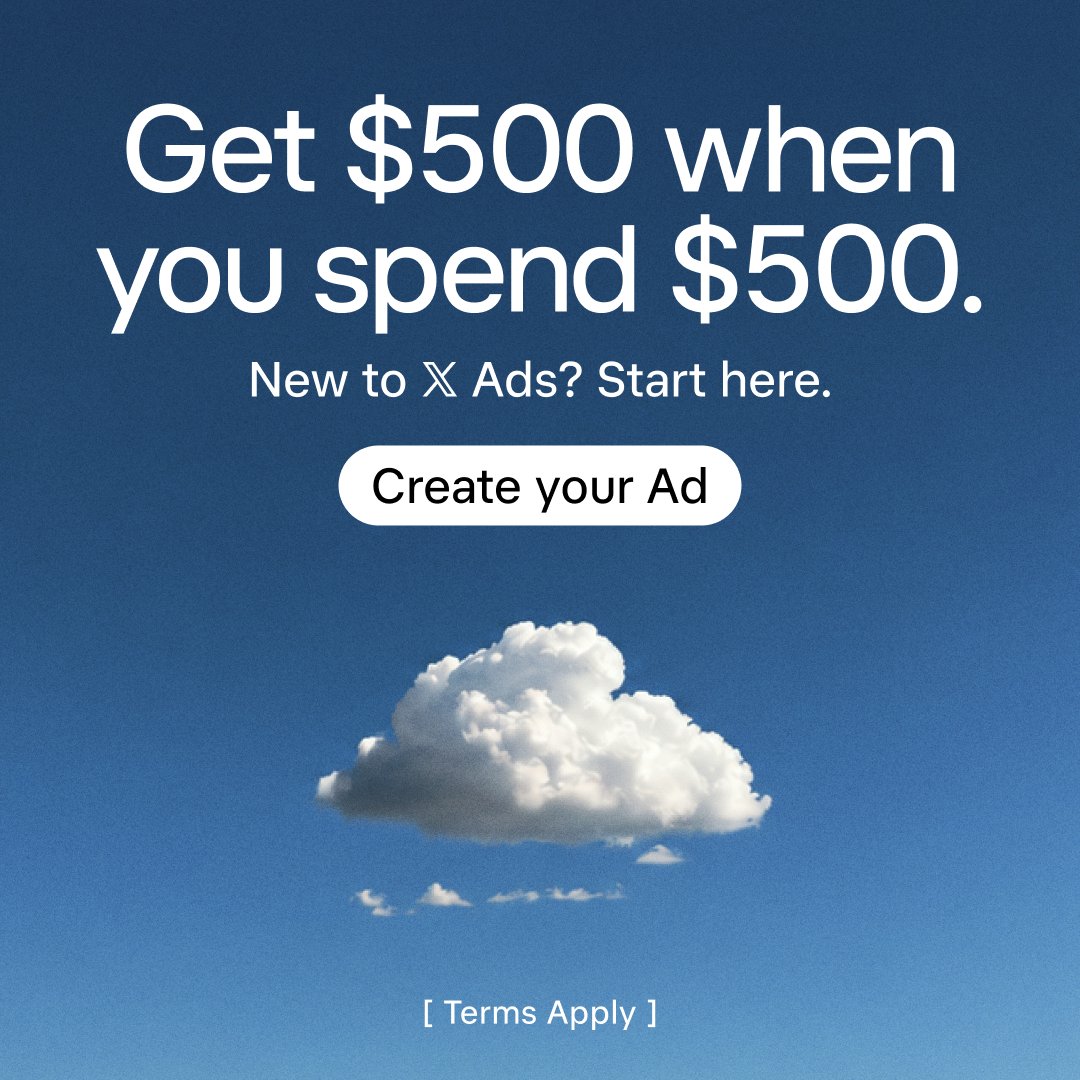 XBusiness's tweet photo. Get $500 in ad credit when you spend $500. Set up your first campaign in minutes. Terms apply.