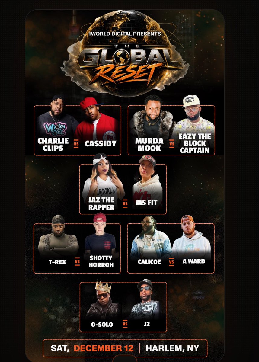 LTBRpodcast's tweet photo. 🚨BREAKING:  New League
1 World Digtal Presents
The Global Reset 🌎

• Charlie Clips vs Cassidy
• Murda Mook vs Eazy The Block Captain
• Jaz The Rapper vs Ms Fit
• T-Rex vs Shotty Horroh
• Calicoe vs A.Ward 
• O Solo vs J2 

Harlem, NY. 📍
December 12th. https://t.co/bdeIk7Xek1